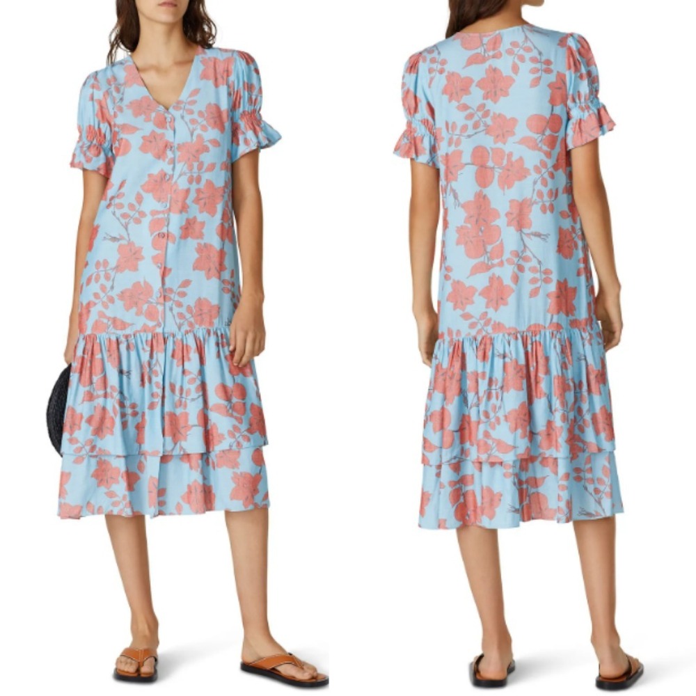 Labo Rosa Women's Blue Botones Dress Floral Print V-Neck Ruffle Hem Size XL $275